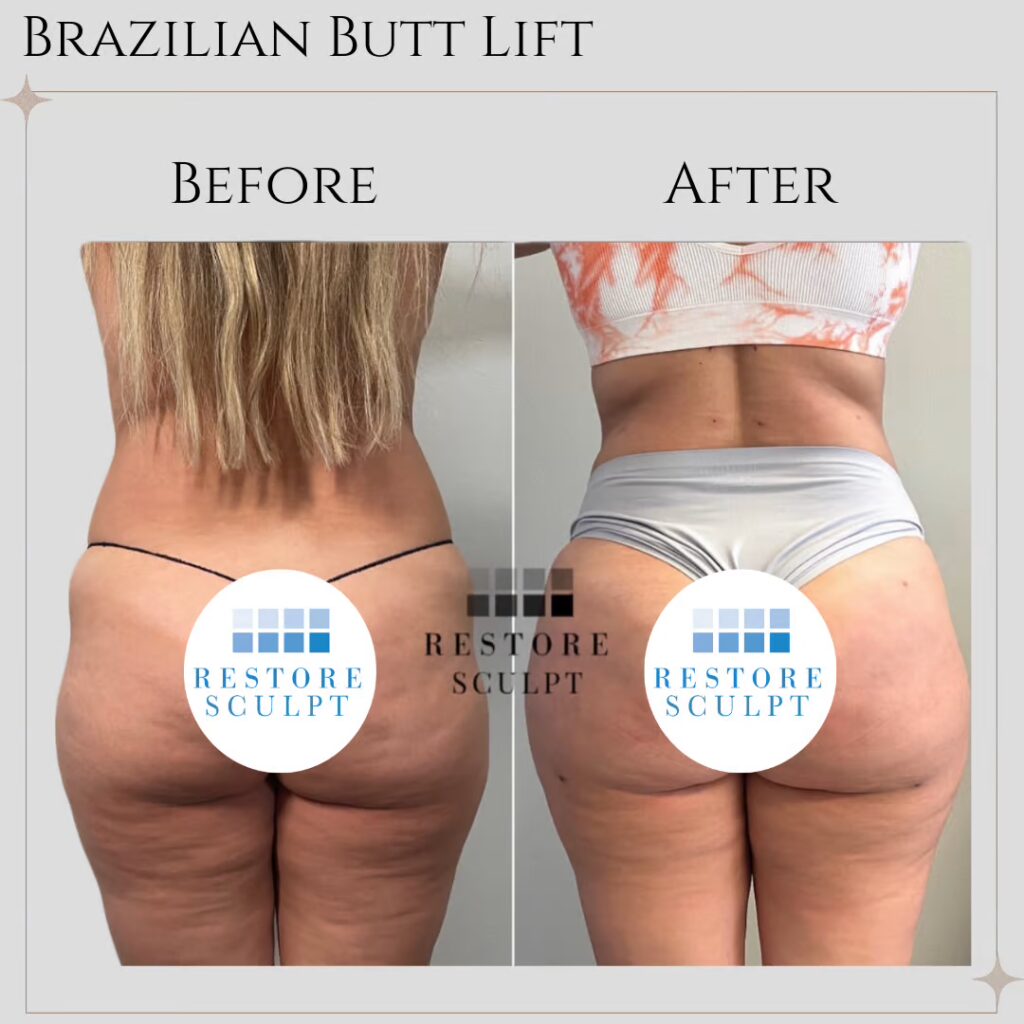Brazilian butt lift before and after, back view, with a narrower waist and fuller buttocks in the after photo