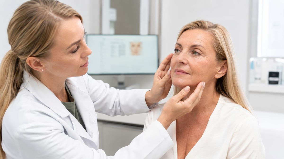 Facial consultation with a woman in a modern clinic